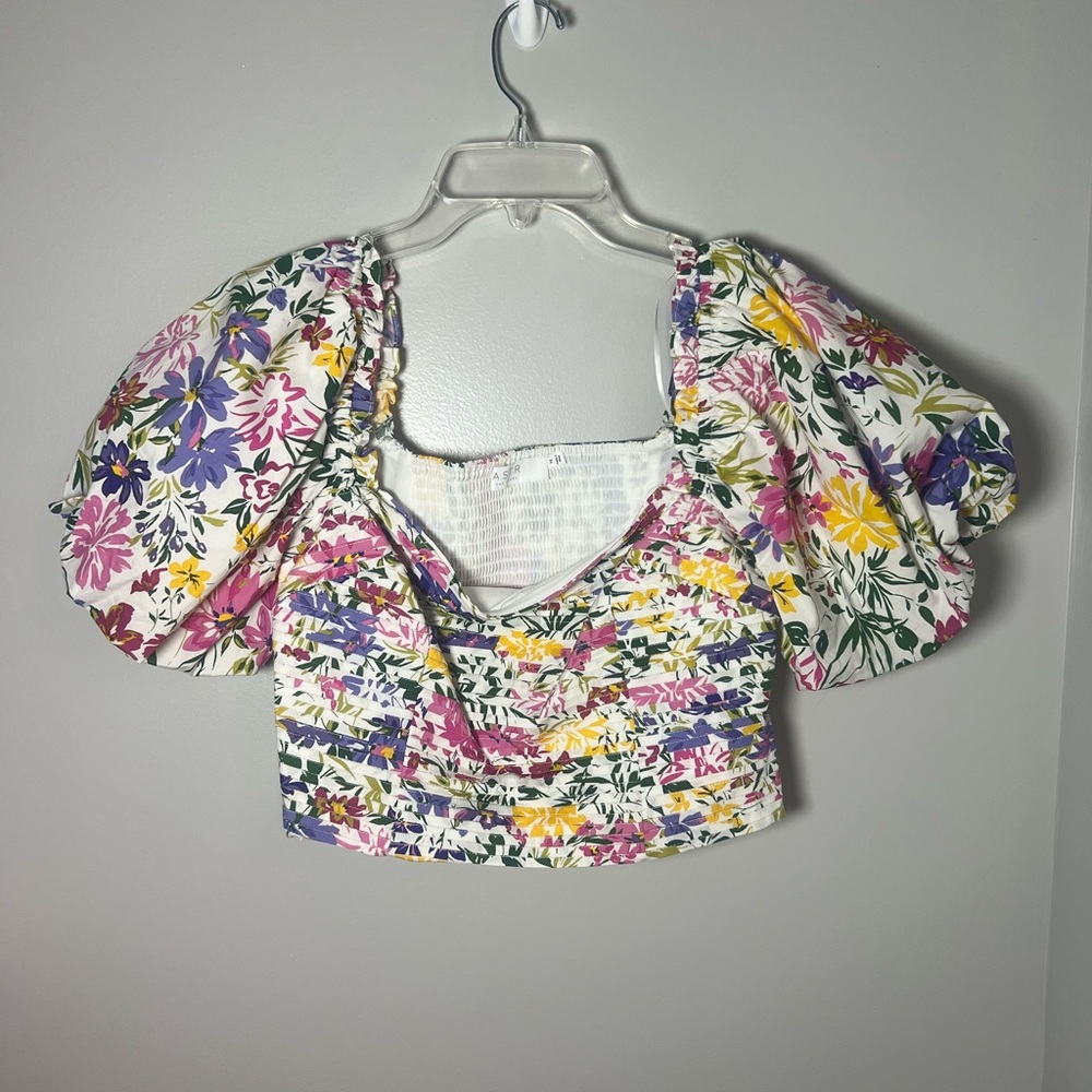 ASTR The Label NEW Lin Floral Square Neck Puff Sleeve Crop Top Sz M *Flaw - Picture 3 of 7